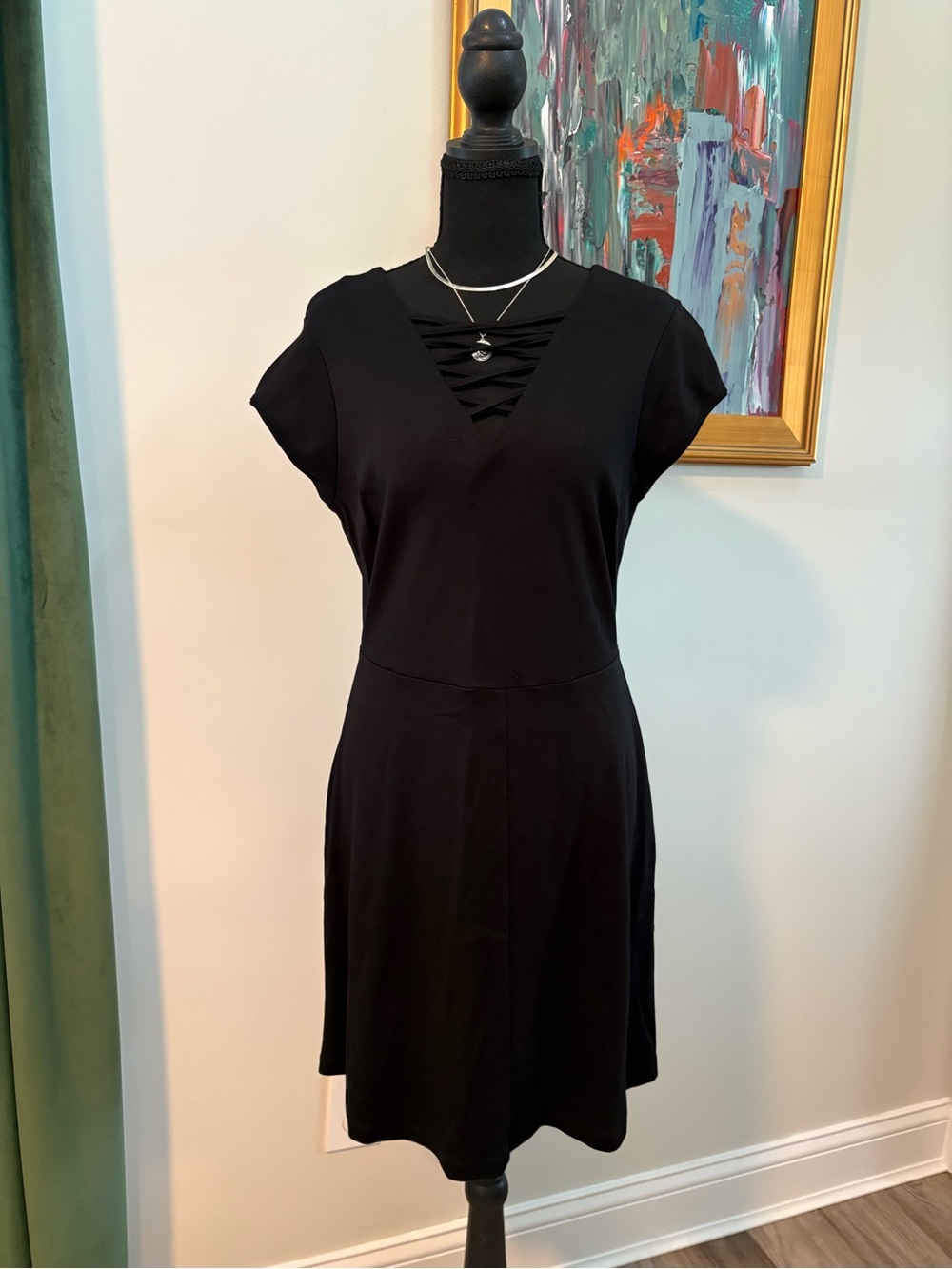 New York & Company Black V-Neck Lace-Up Mini Dress